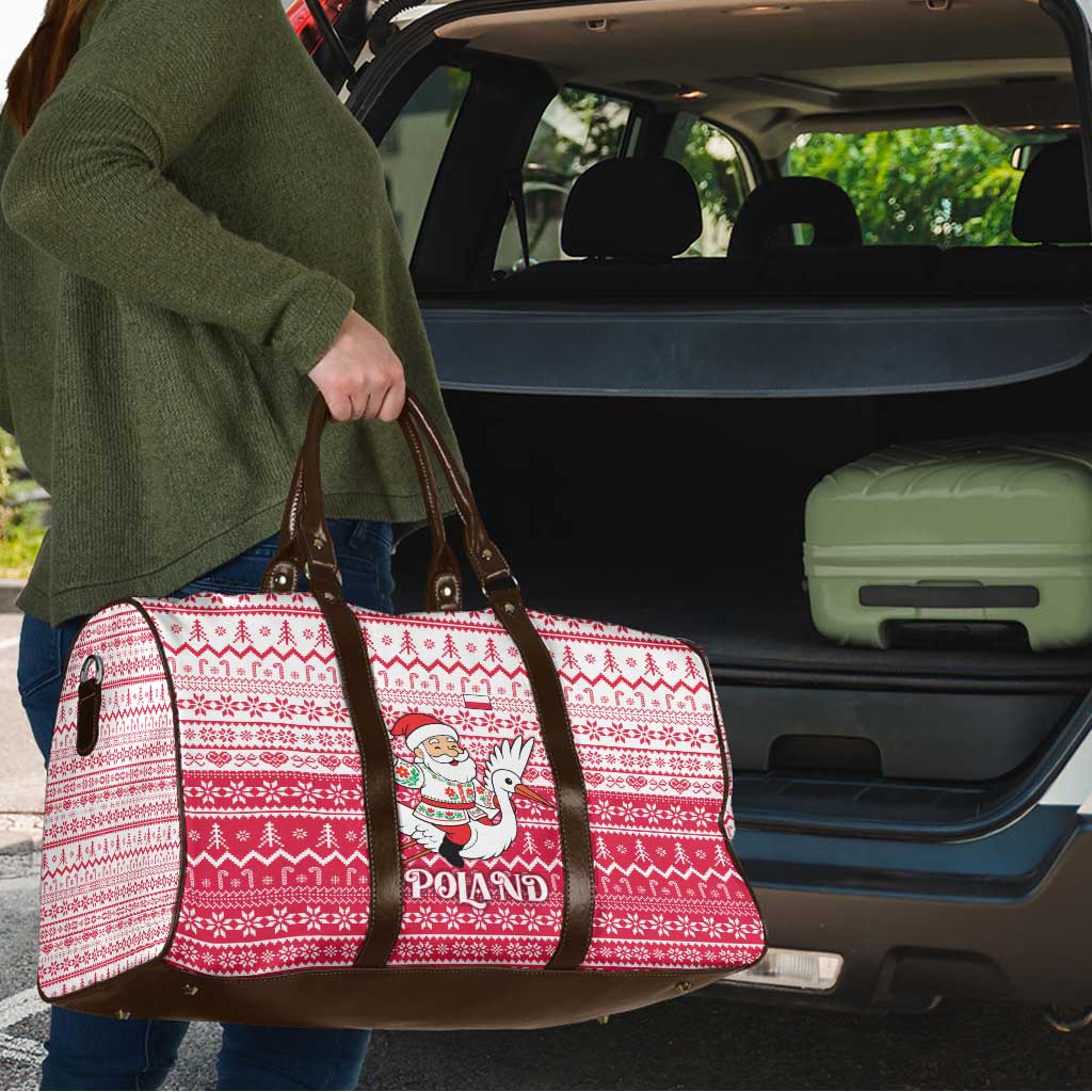 Poland Christmas Travel Bag with Santa Riding Stork White Eagle Emblem and Red Snowflake Knit Pattern Design - Wonder Print Shop