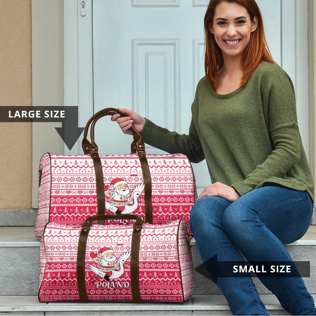 Poland Christmas Travel Bag with Santa Riding Stork White Eagle Emblem and Red Snowflake Knit Pattern Design - Wonder Print Shop