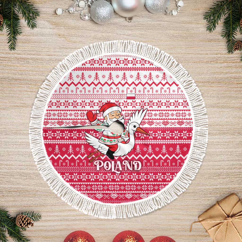 Poland Christmas Tree Skirt with Santa Riding Stork White Eagle Emblem and Red Snowflake Knit Pattern Design - Wonder Print Shop