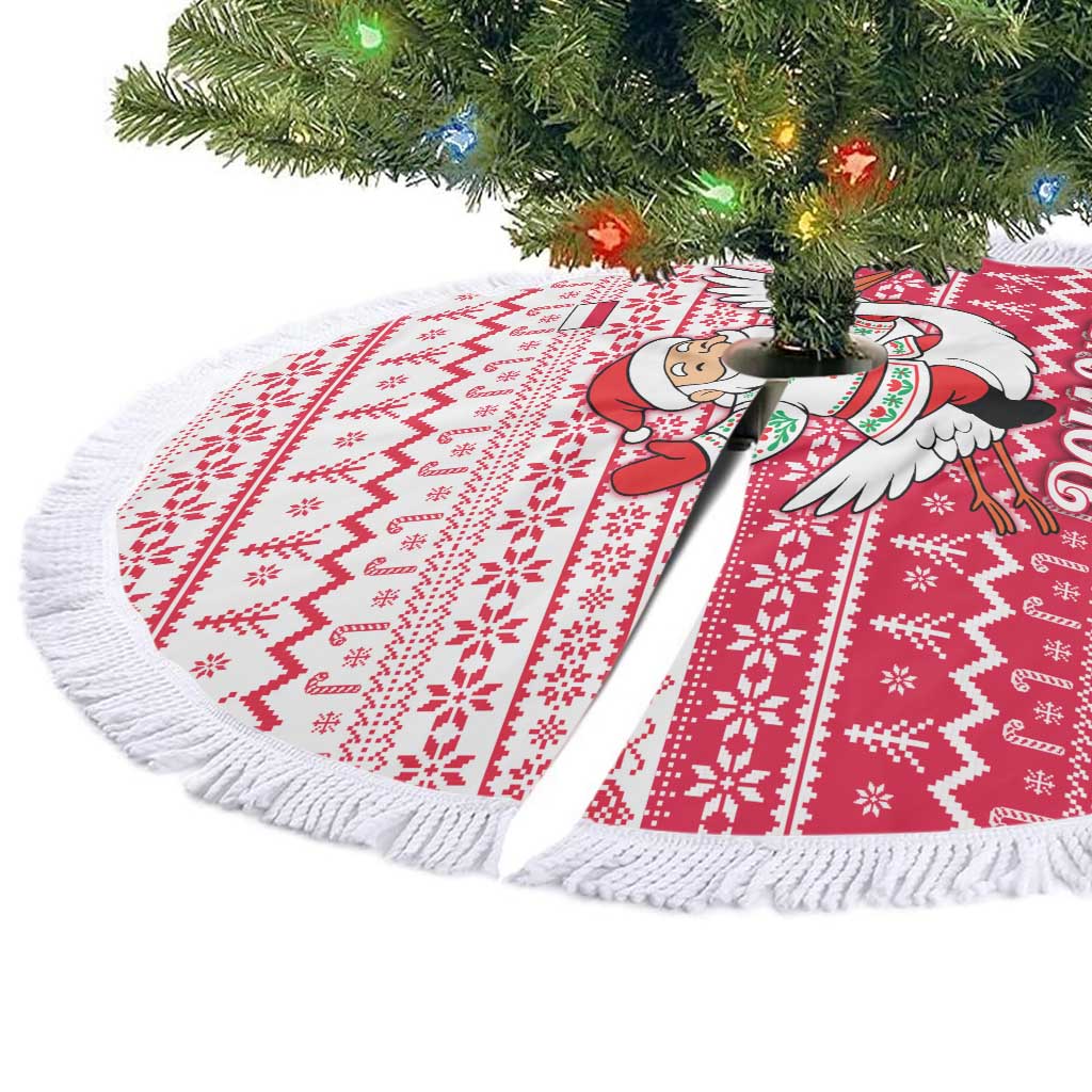 Poland Christmas Tree Skirt with Santa Riding Stork White Eagle Emblem and Red Snowflake Knit Pattern Design - Wonder Print Shop