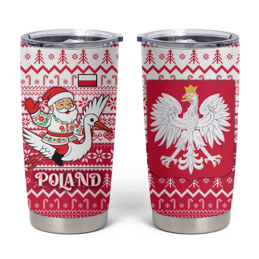 Poland Christmas Tumbler Cup with Santa Riding Stork White Eagle Emblem and Red Snowflake Knit Pattern Design - Wonder Print Shop