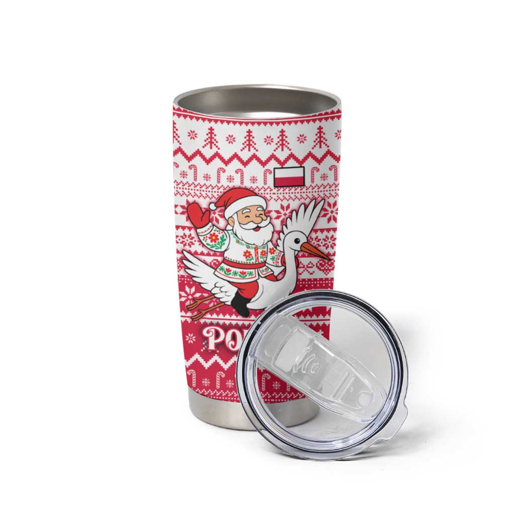 Poland Christmas Tumbler Cup with Santa Riding Stork White Eagle Emblem and Red Snowflake Knit Pattern Design - Wonder Print Shop