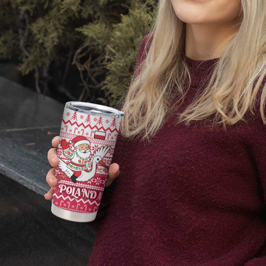 Poland Christmas Tumbler Cup with Santa Riding Stork White Eagle Emblem and Red Snowflake Knit Pattern Design - Wonder Print Shop