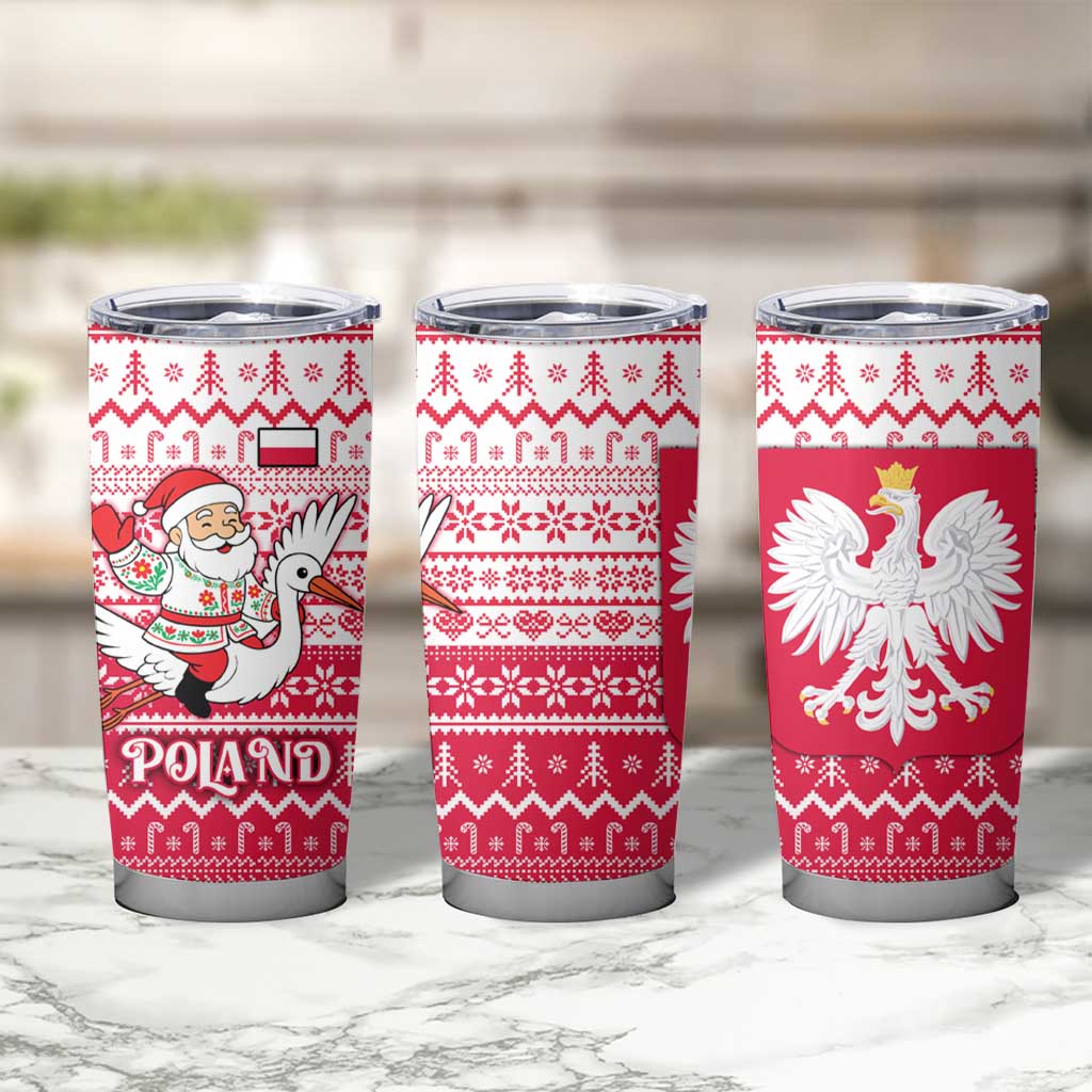 Poland Christmas Tumbler Cup with Santa Riding Stork White Eagle Emblem and Red Snowflake Knit Pattern Design - Wonder Print Shop