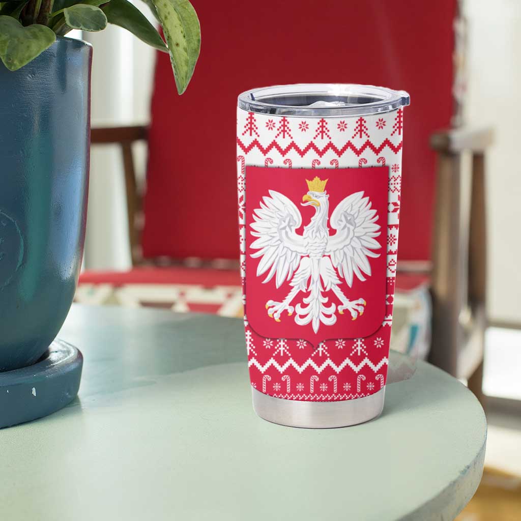 Poland Christmas Tumbler Cup with Santa Riding Stork White Eagle Emblem and Red Snowflake Knit Pattern Design - Wonder Print Shop