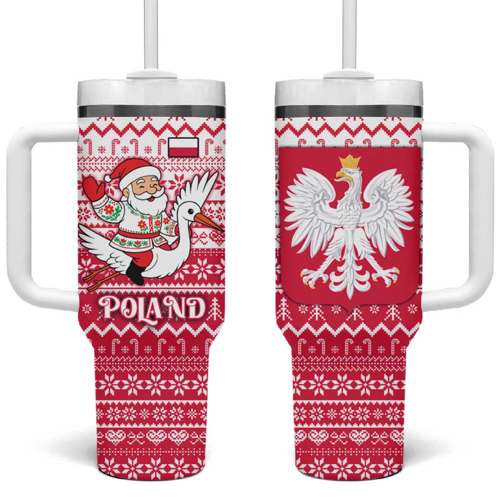 Poland Christmas Tumbler With Handle with Santa Riding Stork White Eagle Emblem and Red Snowflake Knit Pattern Design - Wonder Print Shop
