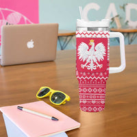 Poland Christmas Tumbler With Handle with Santa Riding Stork White Eagle Emblem and Red Snowflake Knit Pattern Design - Wonder Print Shop