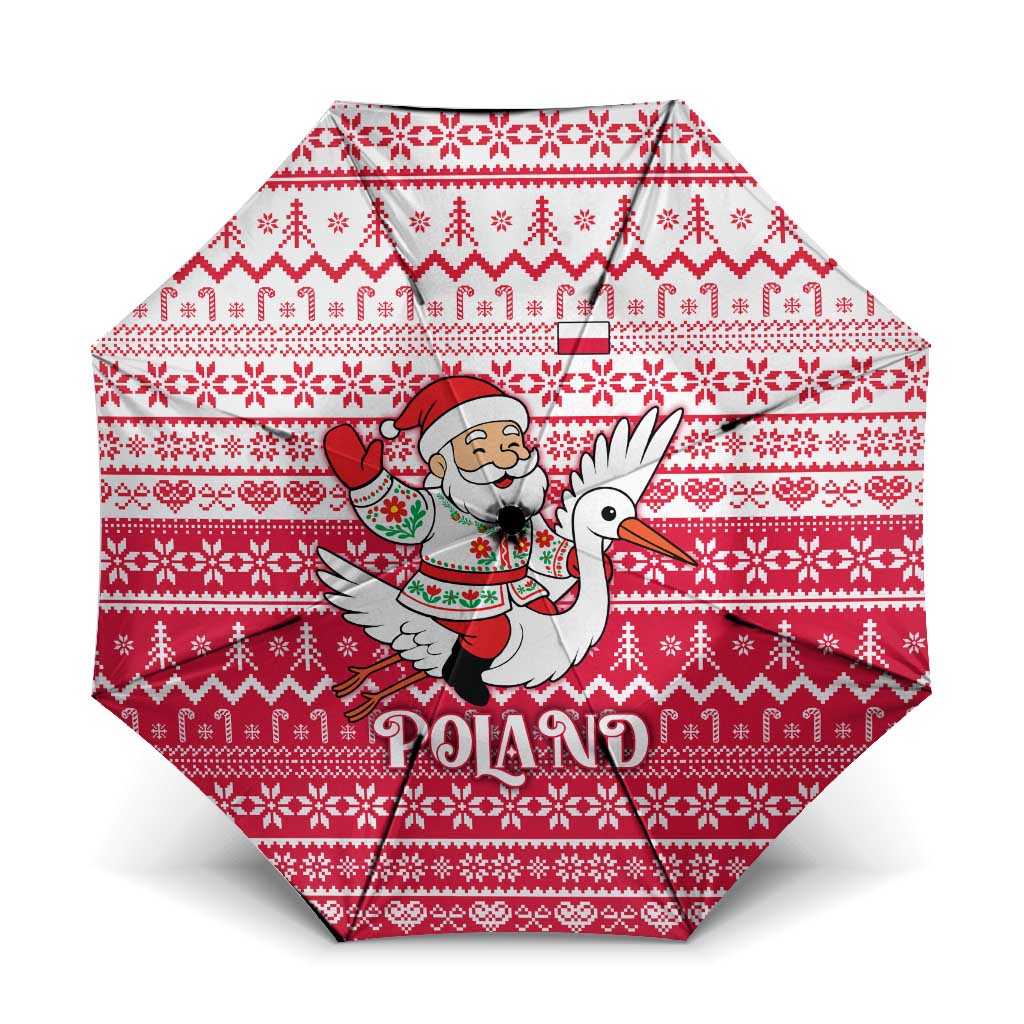 Poland Christmas Umbrella with Santa Riding Stork White Eagle Emblem and Red Snowflake Knit Pattern Design - Wonder Print Shop