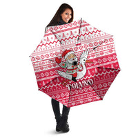 Poland Christmas Umbrella with Santa Riding Stork White Eagle Emblem and Red Snowflake Knit Pattern Design - Wonder Print Shop