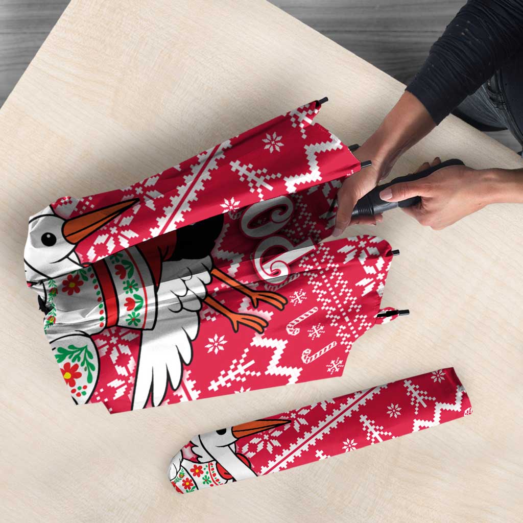 Poland Christmas Umbrella with Santa Riding Stork White Eagle Emblem and Red Snowflake Knit Pattern Design - Wonder Print Shop