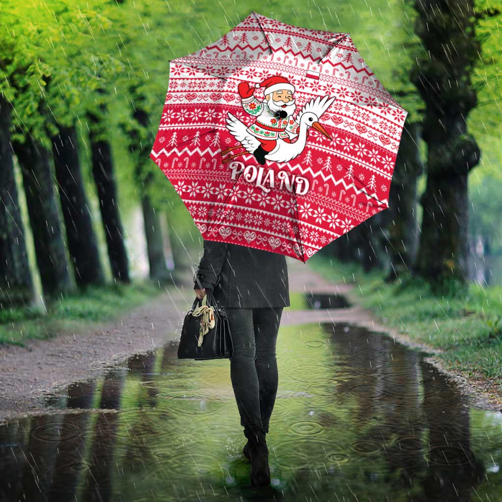 Poland Christmas Umbrella with Santa Riding Stork White Eagle Emblem and Red Snowflake Knit Pattern Design - Wonder Print Shop