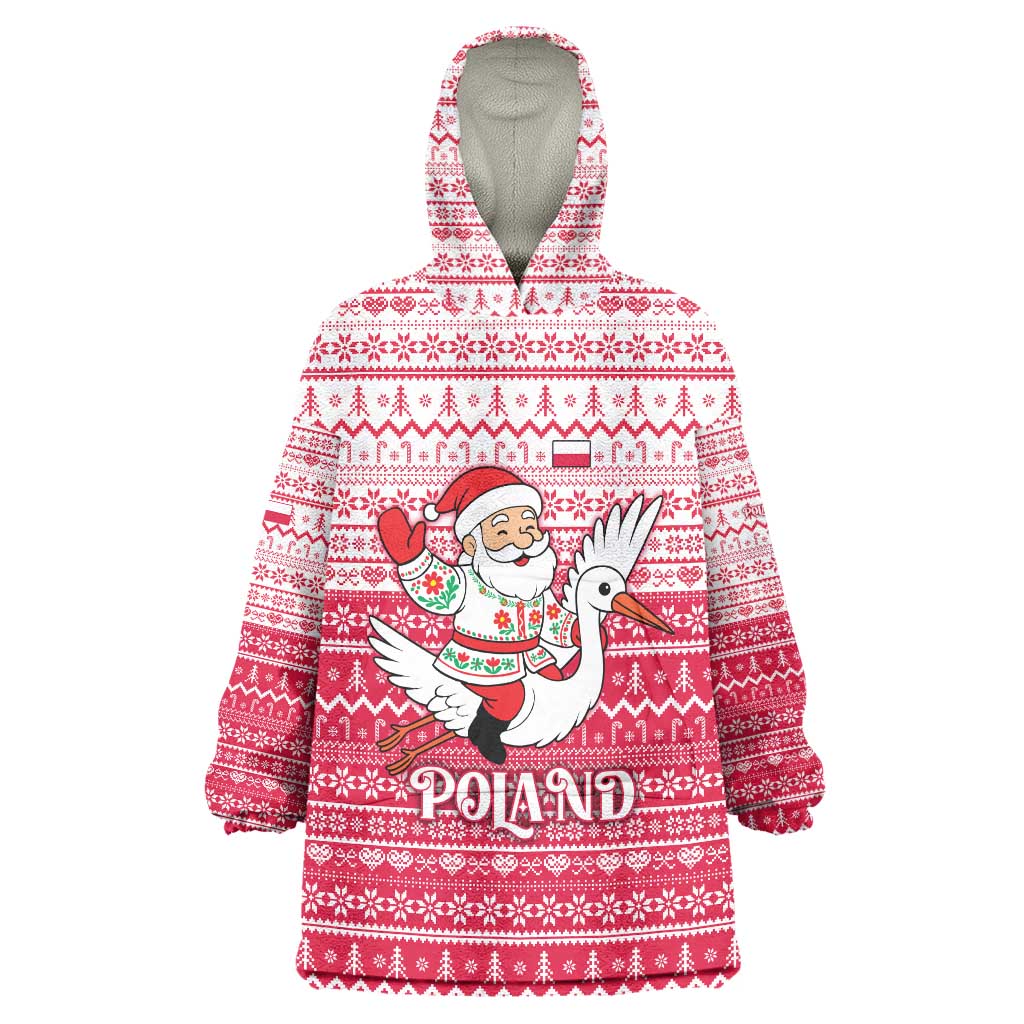 Poland Christmas Wearable Blanket Hoodie with Santa Riding Stork White Eagle Emblem and Red Snowflake Knit Pattern Design - Wonder Print Shop