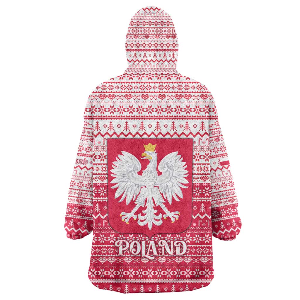 Poland Christmas Wearable Blanket Hoodie with Santa Riding Stork White Eagle Emblem and Red Snowflake Knit Pattern Design - Wonder Print Shop