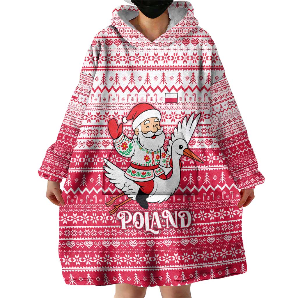 Poland Christmas Wearable Blanket Hoodie with Santa Riding Stork White Eagle Emblem and Red Snowflake Knit Pattern Design - Wonder Print Shop