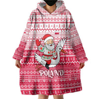 Poland Christmas Wearable Blanket Hoodie with Santa Riding Stork White Eagle Emblem and Red Snowflake Knit Pattern Design - Wonder Print Shop