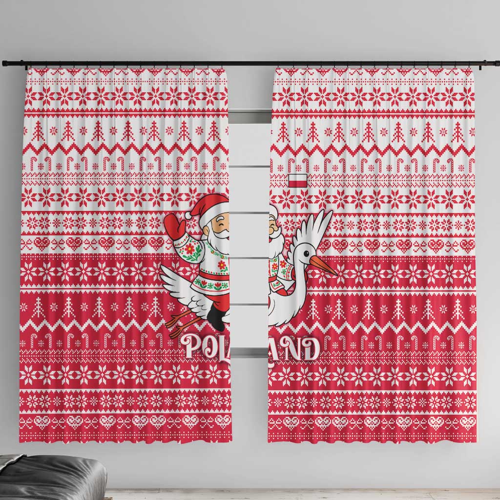 Poland Christmas Window Curtain with Santa Riding Stork White Eagle Emblem and Red Snowflake Knit Pattern Design - Wonder Print Shop