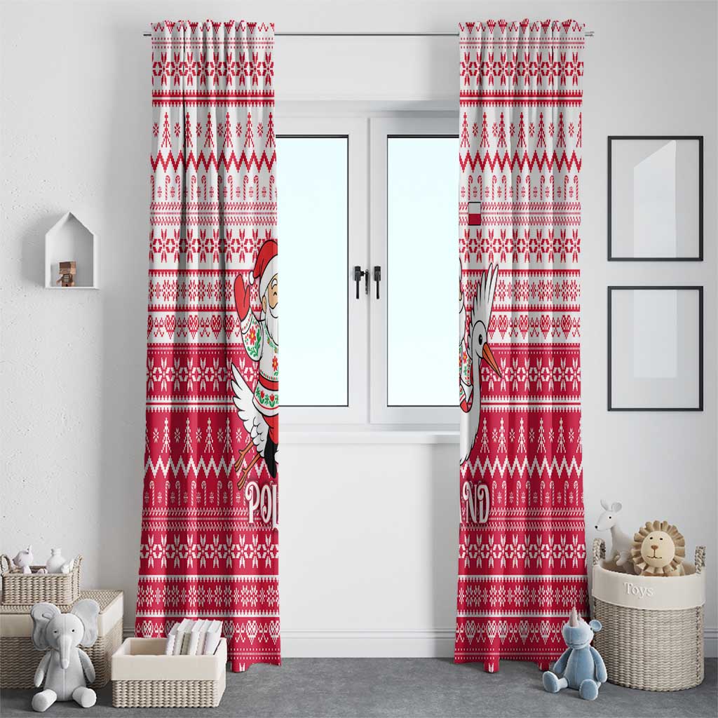 Poland Christmas Window Curtain with Santa Riding Stork White Eagle Emblem and Red Snowflake Knit Pattern Design - Wonder Print Shop