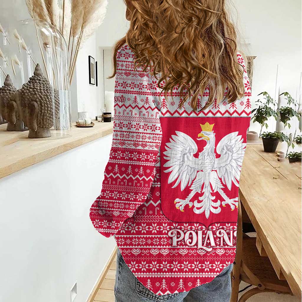 Poland Christmas Women Casual Shirt with Santa Riding Stork White Eagle Emblem and Red Snowflake Knit Pattern Design - Wonder Print Shop