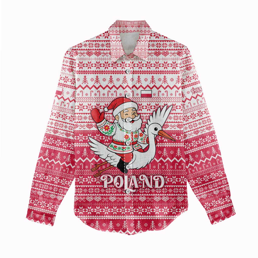 Poland Christmas Women Casual Shirt with Santa Riding Stork White Eagle Emblem and Red Snowflake Knit Pattern Design - Wonder Print Shop