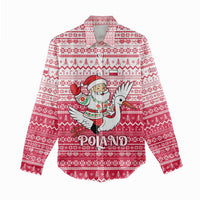 Poland Christmas Women Casual Shirt with Santa Riding Stork White Eagle Emblem and Red Snowflake Knit Pattern Design - Wonder Print Shop