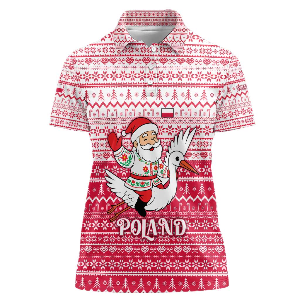 Poland Christmas Women Polo Shirt with Santa Riding Stork White Eagle Emblem and Red Snowflake Knit Pattern Design - Wonder Print Shop