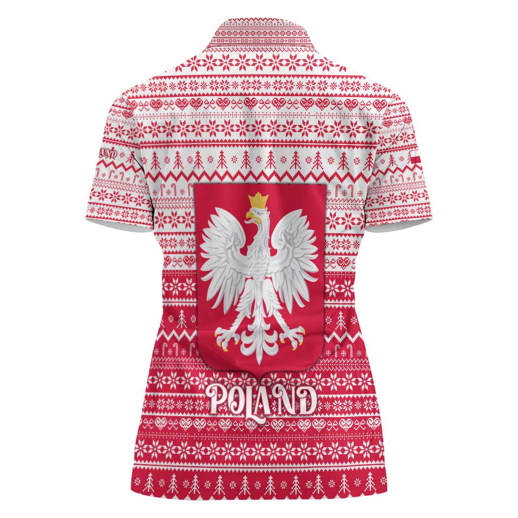 Poland Christmas Women Polo Shirt with Santa Riding Stork White Eagle Emblem and Red Snowflake Knit Pattern Design - Wonder Print Shop