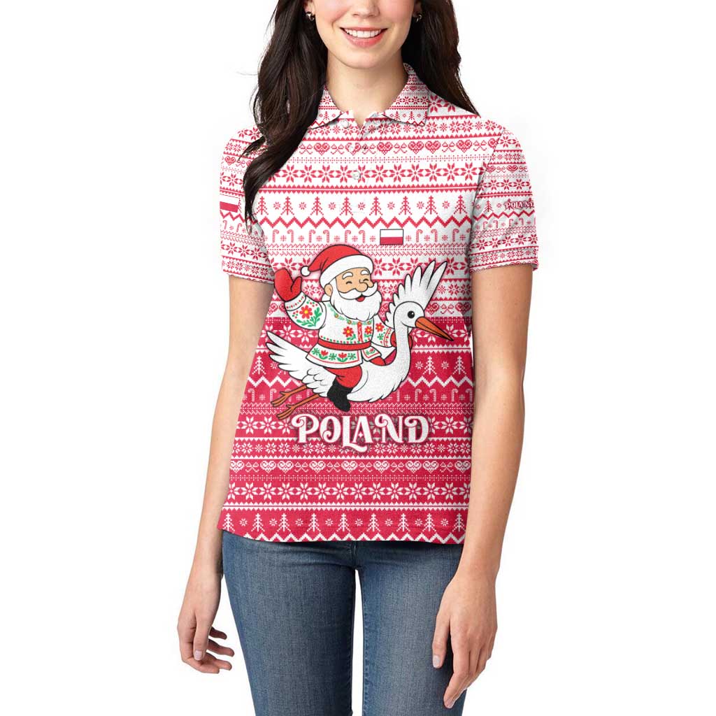 Poland Christmas Women Polo Shirt with Santa Riding Stork White Eagle Emblem and Red Snowflake Knit Pattern Design - Wonder Print Shop
