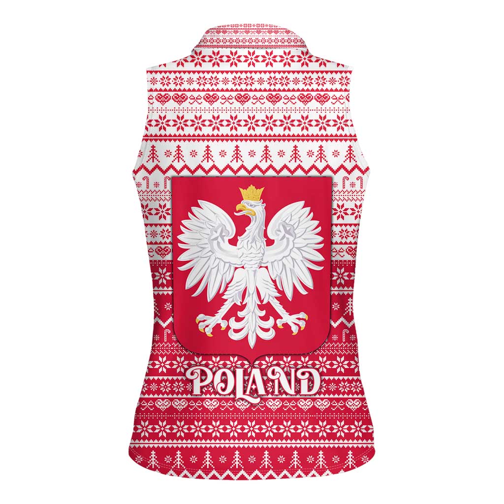 Poland Christmas Women Sleeveless Polo Shirt with Santa Riding Stork White Eagle Emblem and Red Snowflake Knit Pattern Design - Wonder Print Shop