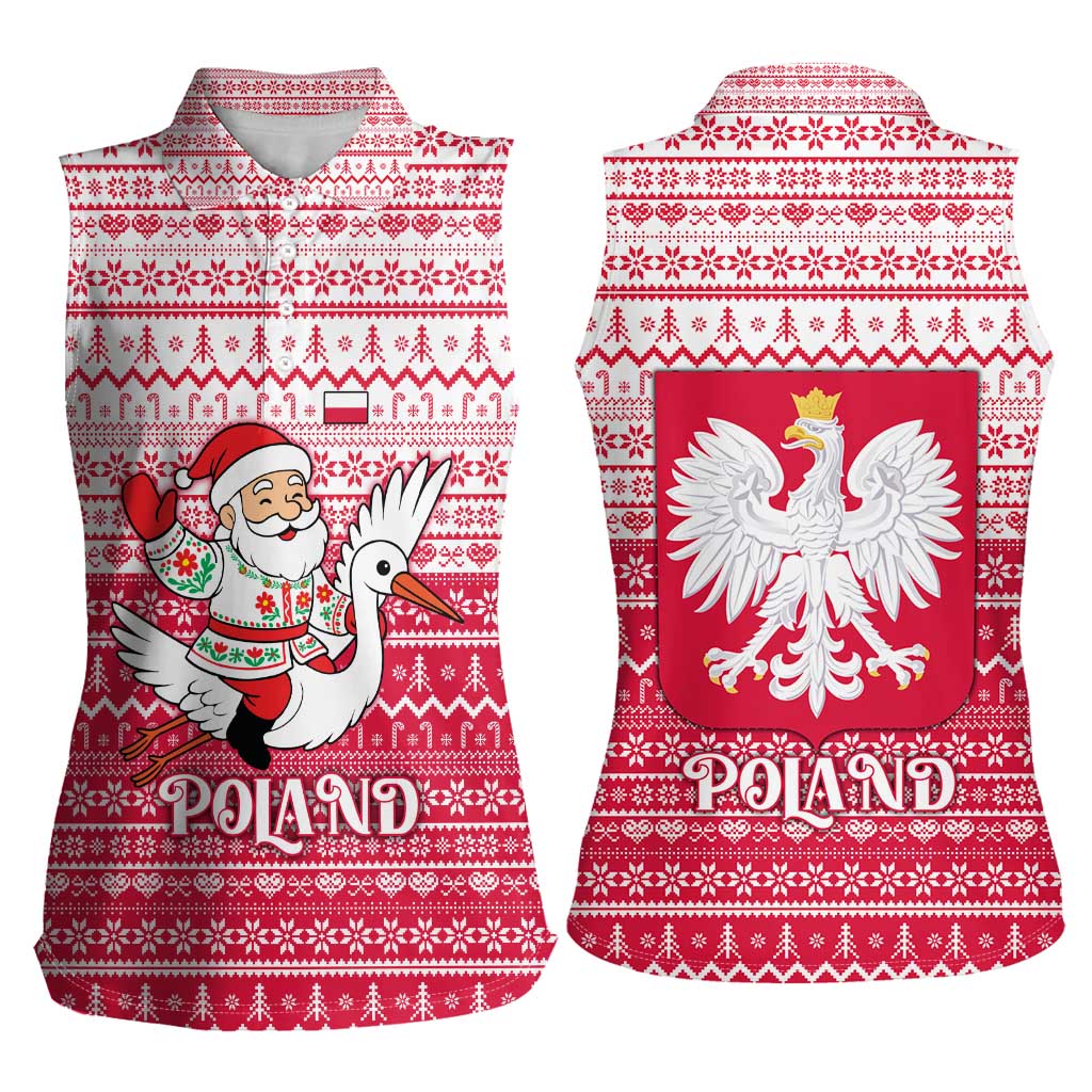 Poland Christmas Women Sleeveless Polo Shirt with Santa Riding Stork White Eagle Emblem and Red Snowflake Knit Pattern Design - Wonder Print Shop