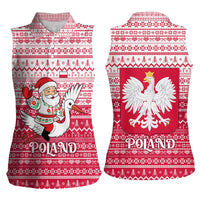Poland Christmas Women Sleeveless Polo Shirt with Santa Riding Stork White Eagle Emblem and Red Snowflake Knit Pattern Design - Wonder Print Shop