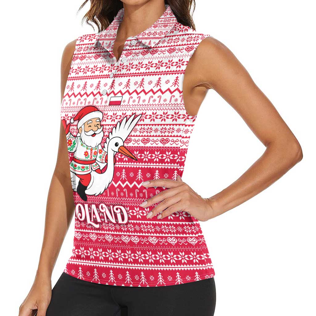 Poland Christmas Women Sleeveless Polo Shirt with Santa Riding Stork White Eagle Emblem and Red Snowflake Knit Pattern Design - Wonder Print Shop