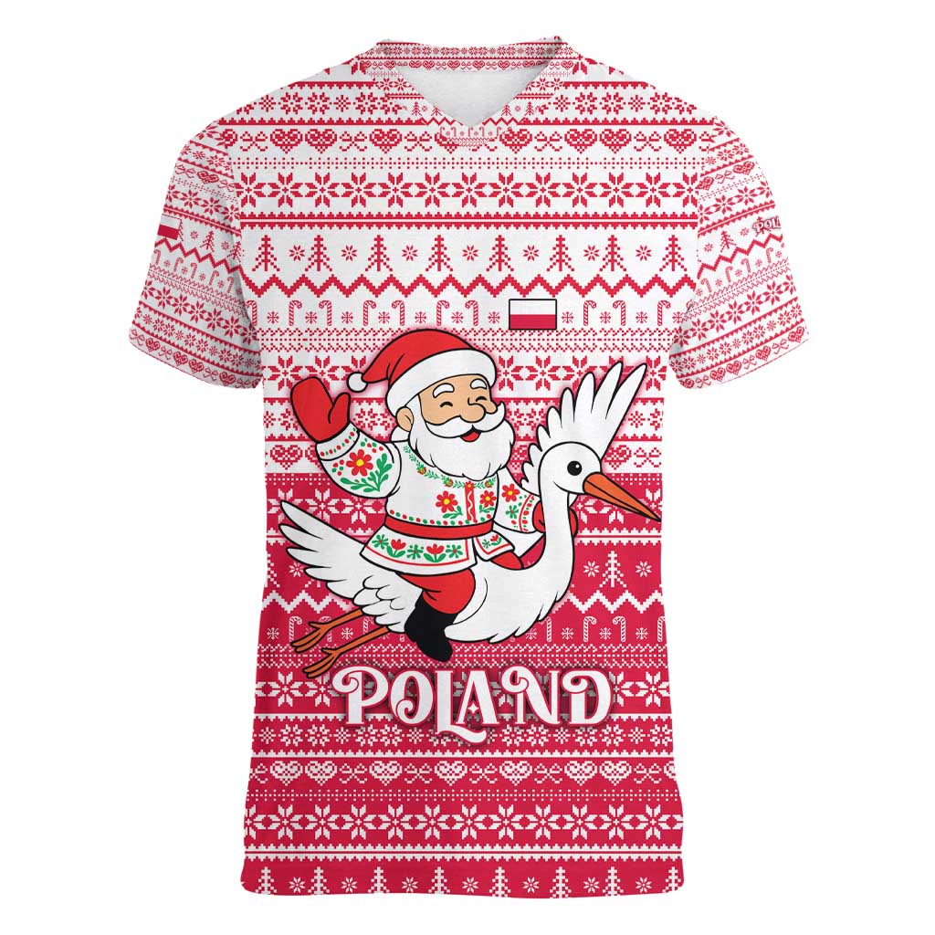 Poland Christmas Women V-Neck T-Shirt with Santa Riding Stork White Eagle Emblem and Red Snowflake Knit Pattern Design - Wonder Print Shop