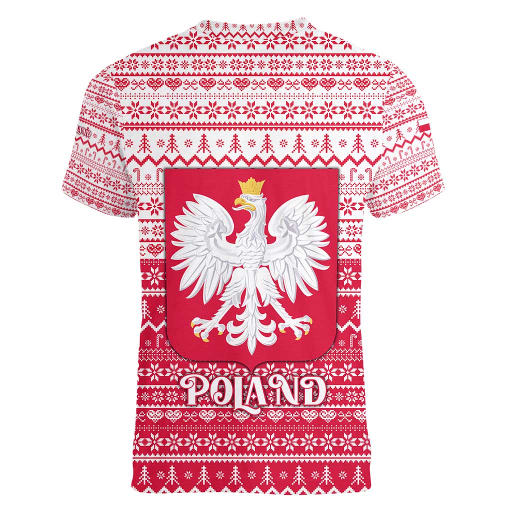 Poland Christmas Women V-Neck T-Shirt with Santa Riding Stork White Eagle Emblem and Red Snowflake Knit Pattern Design - Wonder Print Shop
