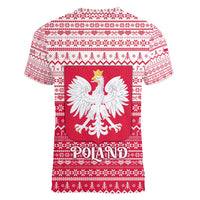 Poland Christmas Women V-Neck T-Shirt with Santa Riding Stork White Eagle Emblem and Red Snowflake Knit Pattern Design - Wonder Print Shop