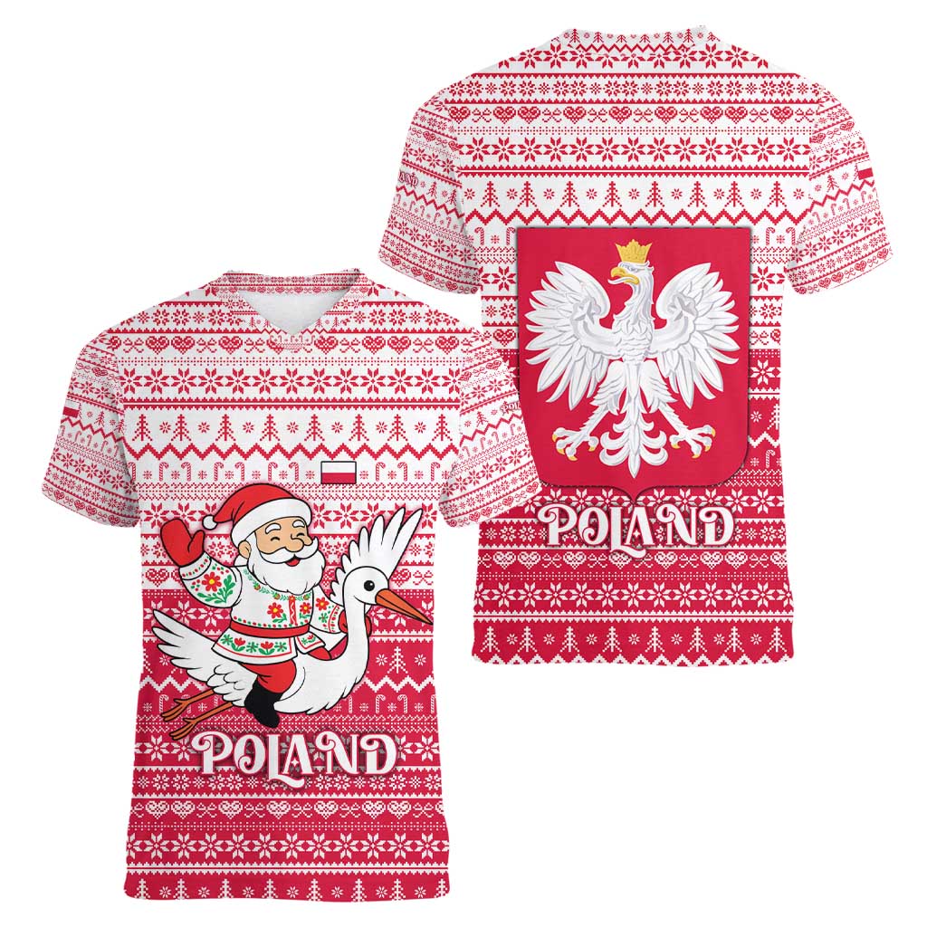 Poland Christmas Women V-Neck T-Shirt with Santa Riding Stork White Eagle Emblem and Red Snowflake Knit Pattern Design - Wonder Print Shop