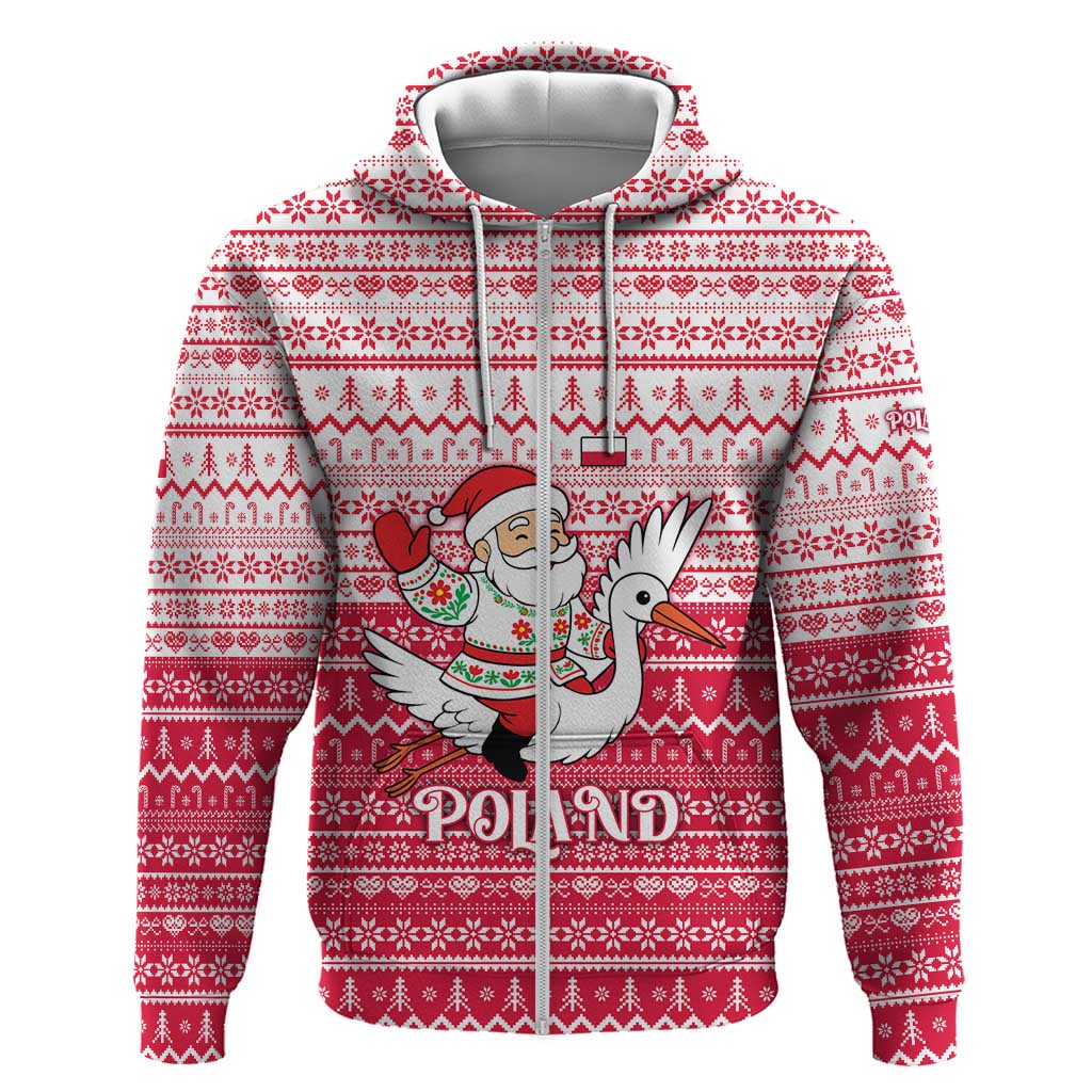 Poland Christmas Zip Hoodie with Santa Riding Stork White Eagle Emblem and Red Snowflake Knit Pattern Design - Wonder Print Shop