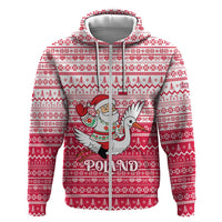 Poland Christmas Zip Hoodie with Santa Riding Stork White Eagle Emblem and Red Snowflake Knit Pattern Design - Wonder Print Shop