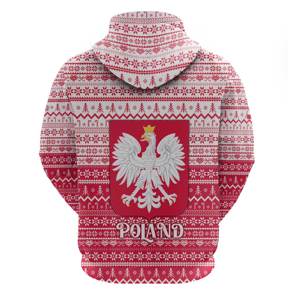 Poland Christmas Zip Hoodie with Santa Riding Stork White Eagle Emblem and Red Snowflake Knit Pattern Design - Wonder Print Shop