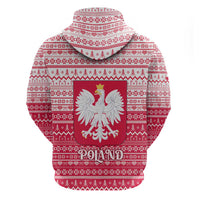 Poland Christmas Zip Hoodie with Santa Riding Stork White Eagle Emblem and Red Snowflake Knit Pattern Design - Wonder Print Shop