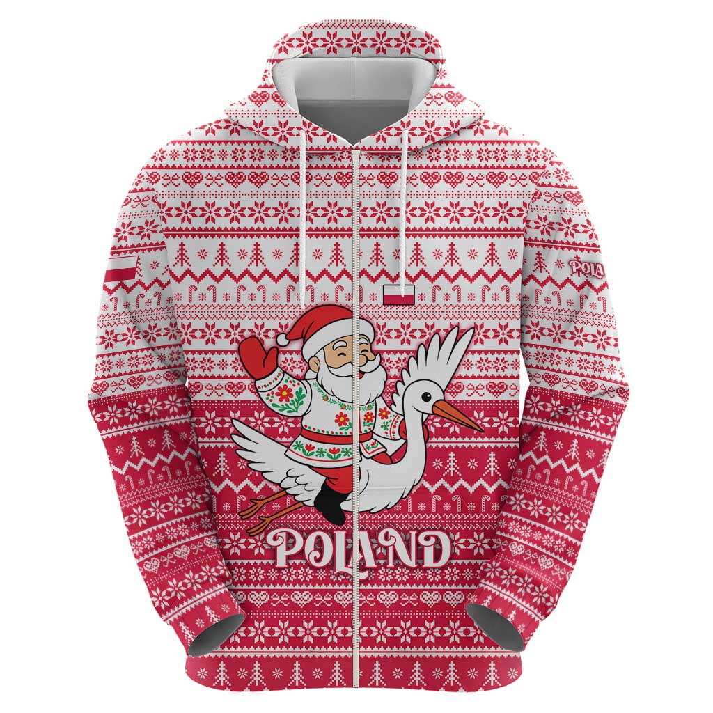 Poland Christmas Zip Hoodie with Santa Riding Stork White Eagle Emblem and Red Snowflake Knit Pattern Design - Wonder Print Shop