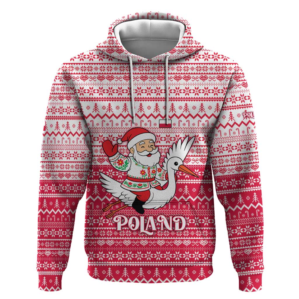 Poland Christmas Zip Hoodie with Santa Riding Stork White Eagle Emblem and Red Snowflake Knit Pattern Design - Wonder Print Shop