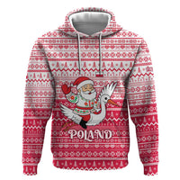 Poland Christmas Zip Hoodie with Santa Riding Stork White Eagle Emblem and Red Snowflake Knit Pattern Design - Wonder Print Shop