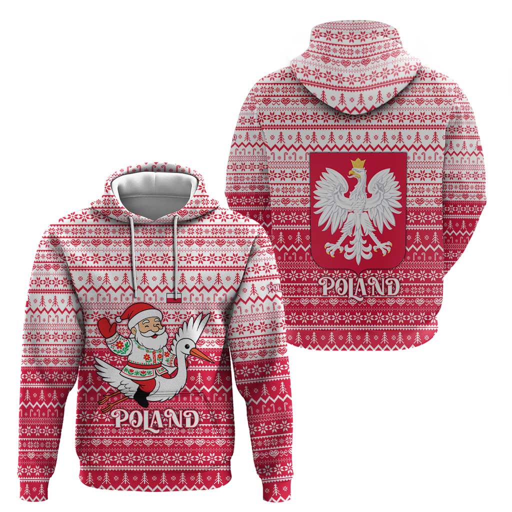 Poland Christmas Zip Hoodie with Santa Riding Stork White Eagle Emblem and Red Snowflake Knit Pattern Design - Wonder Print Shop
