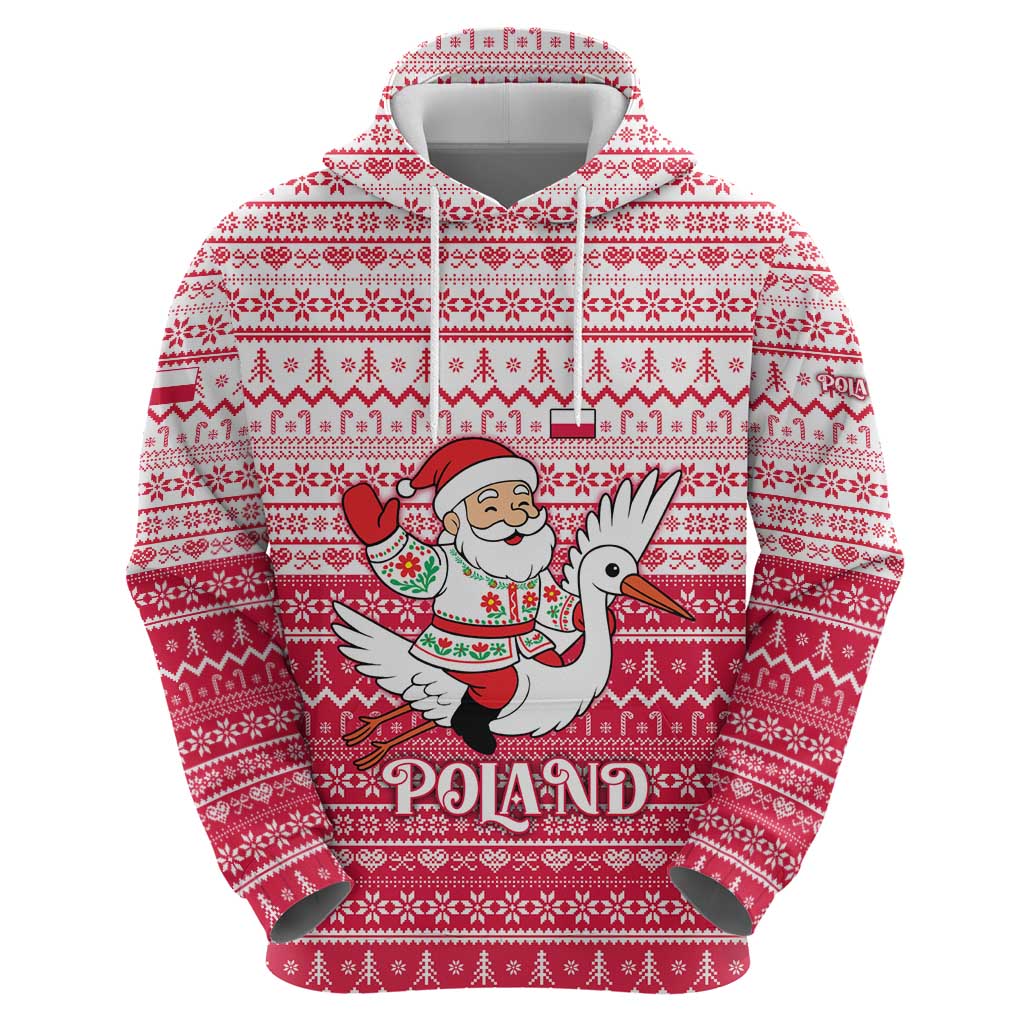 Poland Christmas Zip Hoodie with Santa Riding Stork White Eagle Emblem and Red Snowflake Knit Pattern Design - Wonder Print Shop