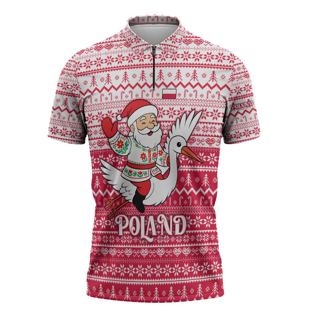 Poland Christmas Zipper Polo Shirt with Santa Riding Stork White Eagle Emblem and Red Snowflake Knit Pattern Design - Wonder Print Shop