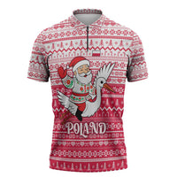 Poland Christmas Zipper Polo Shirt with Santa Riding Stork White Eagle Emblem and Red Snowflake Knit Pattern Design - Wonder Print Shop