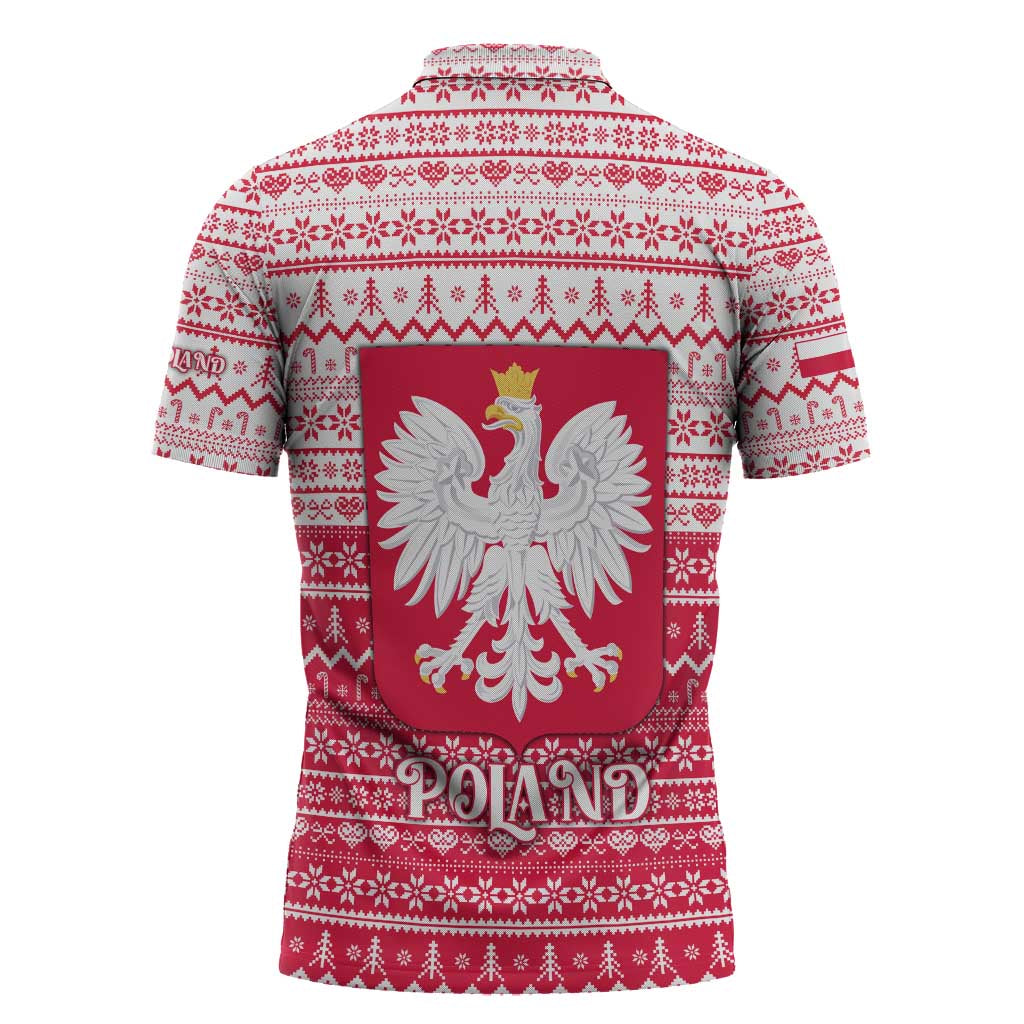 Poland Christmas Zipper Polo Shirt with Santa Riding Stork White Eagle Emblem and Red Snowflake Knit Pattern Design - Wonder Print Shop