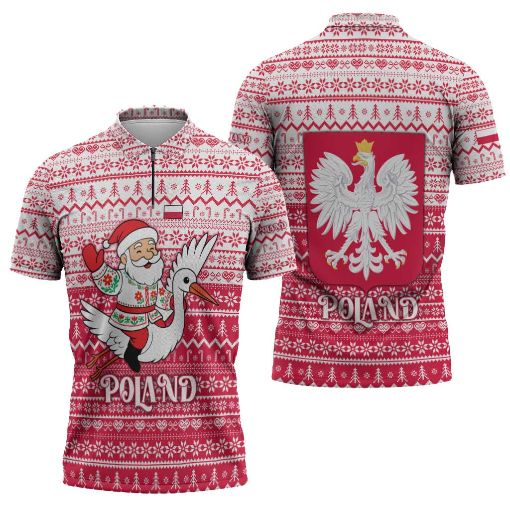 Poland Christmas Zipper Polo Shirt with Santa Riding Stork White Eagle Emblem and Red Snowflake Knit Pattern Design - Wonder Print Shop