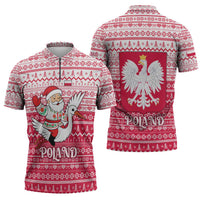 Poland Christmas Zipper Polo Shirt with Santa Riding Stork White Eagle Emblem and Red Snowflake Knit Pattern Design - Wonder Print Shop