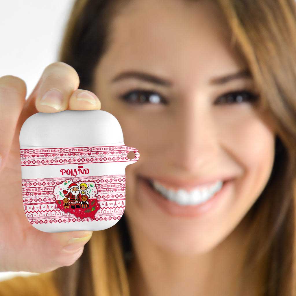 Poland Christmas AirPods Case with Santa Children Gingerbread Map Outline and Red Snowflake Knit Pattern Design - Wonder Print Shop